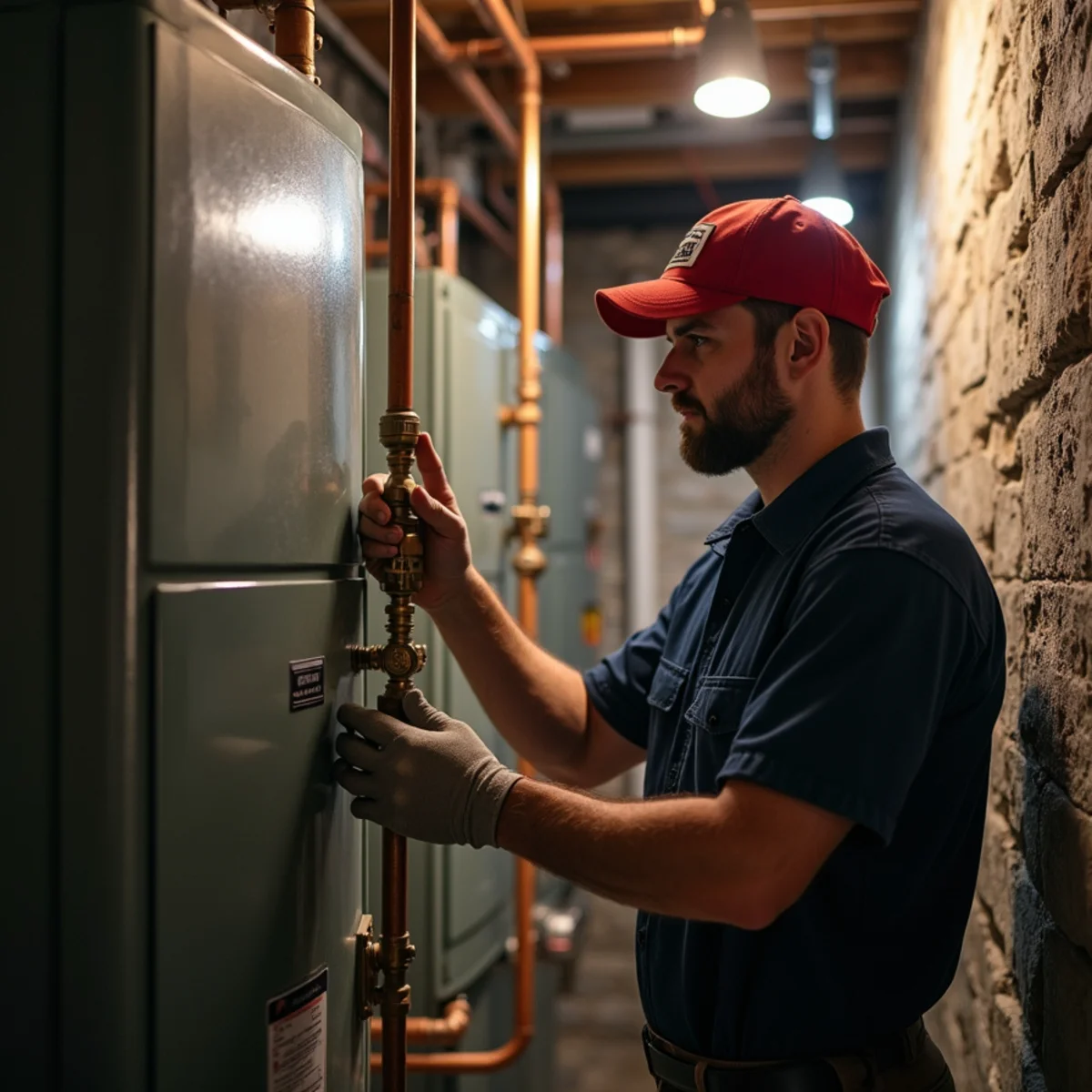 HVAC technician inspecting residential cast-iron boiler in a Delaware County basement