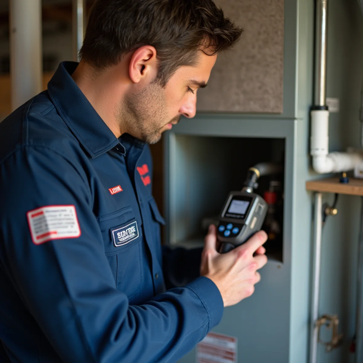 Digital carbon monoxide alarm mounted on wall near home hallway