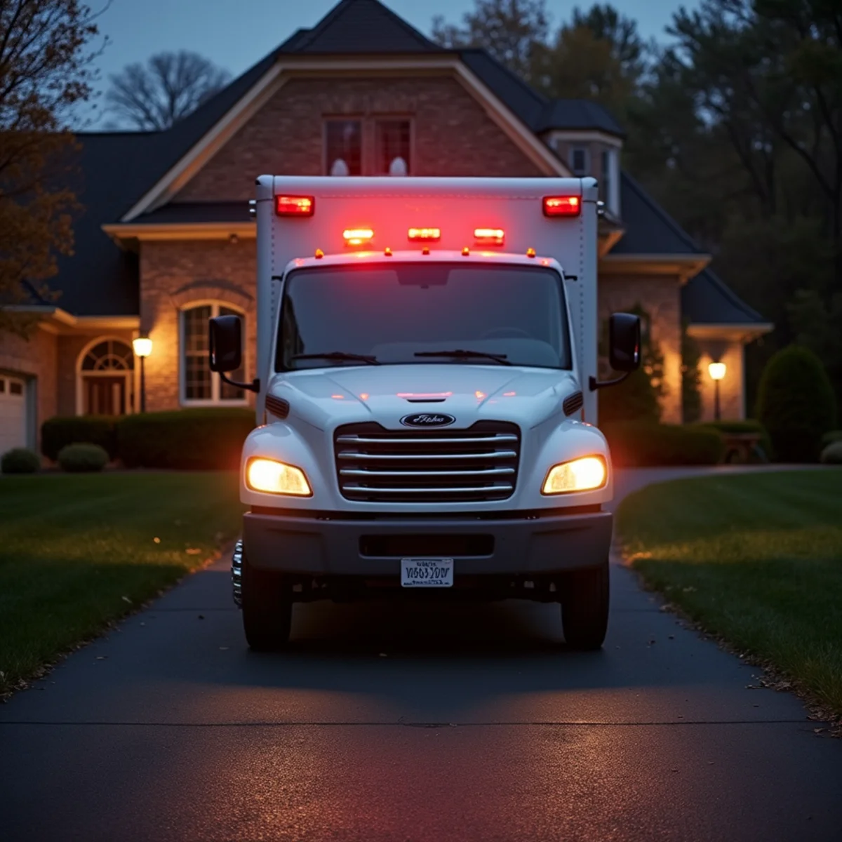 Emergency HVAC service vehicle arriving at Delaware County home on freezing winter evening