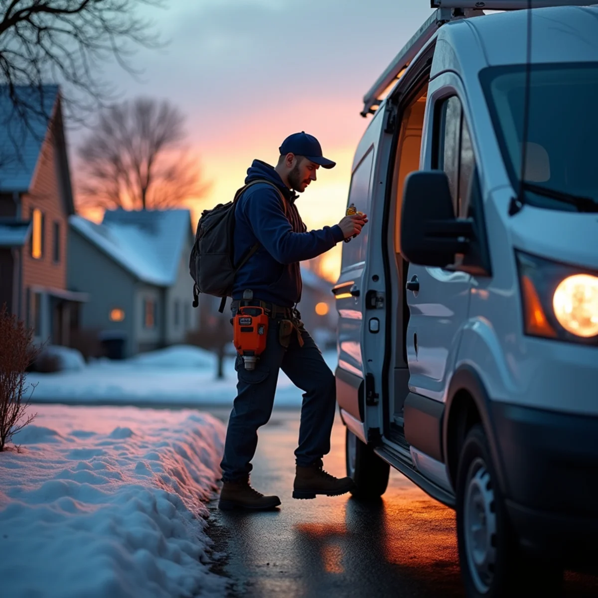 Emergency HVAC technician arriving at night for heating repair in Broomall PA