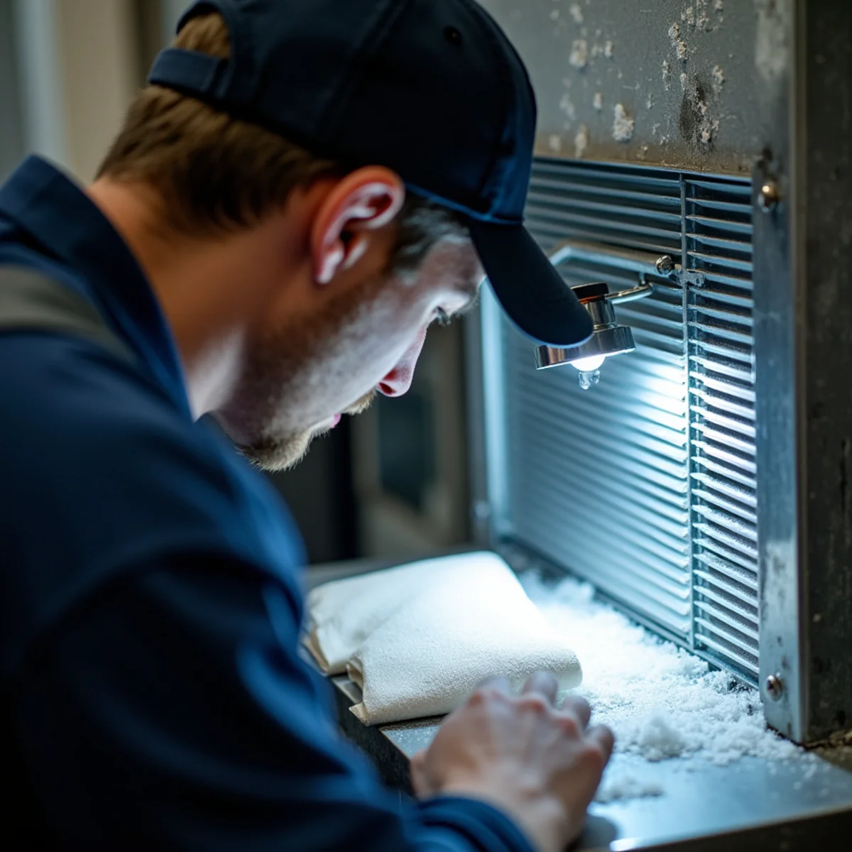 Inspection of residential indoor evaporator coil covered in frost and solid ice buildup
