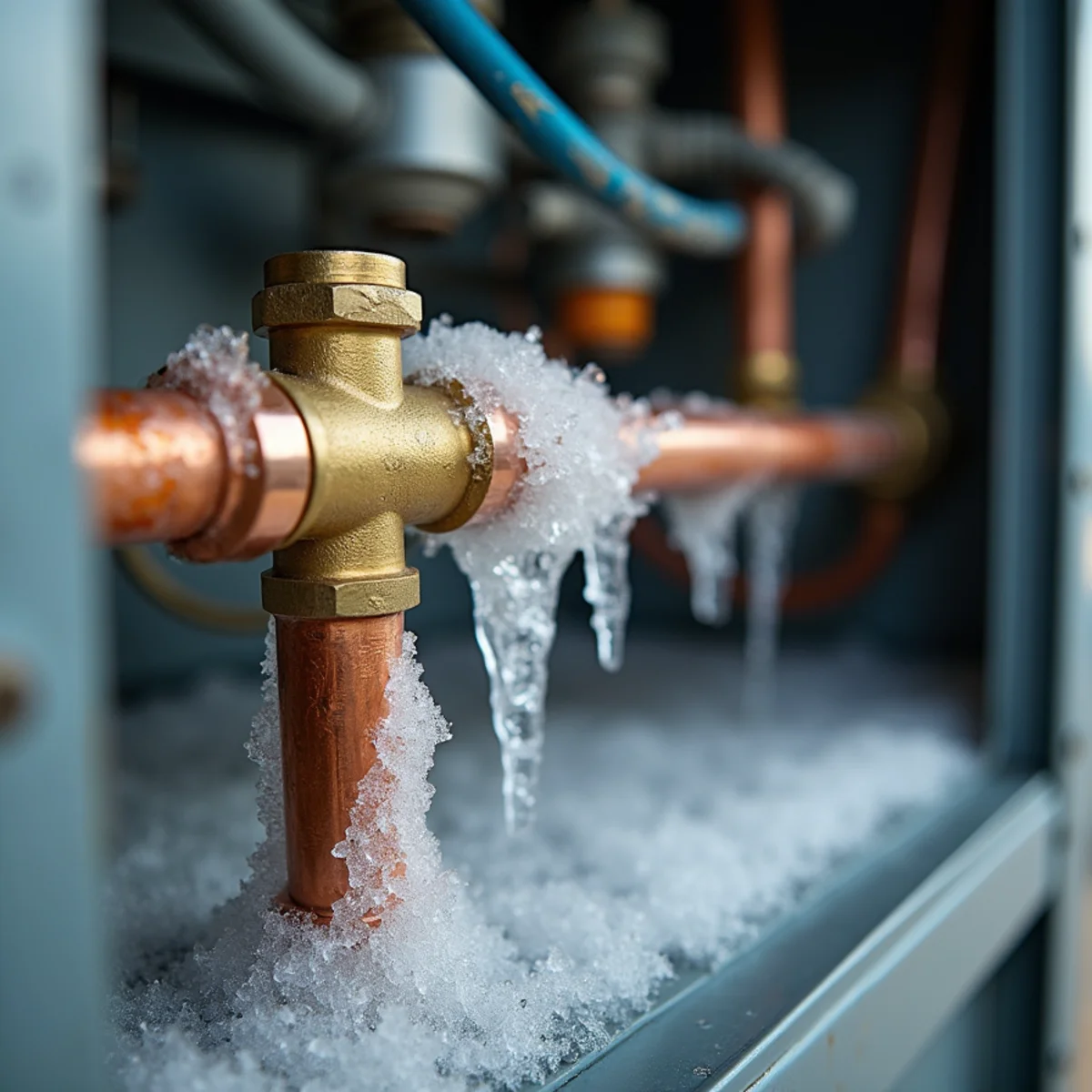 Ice buildup on an outdoor copper refrigerant suction line