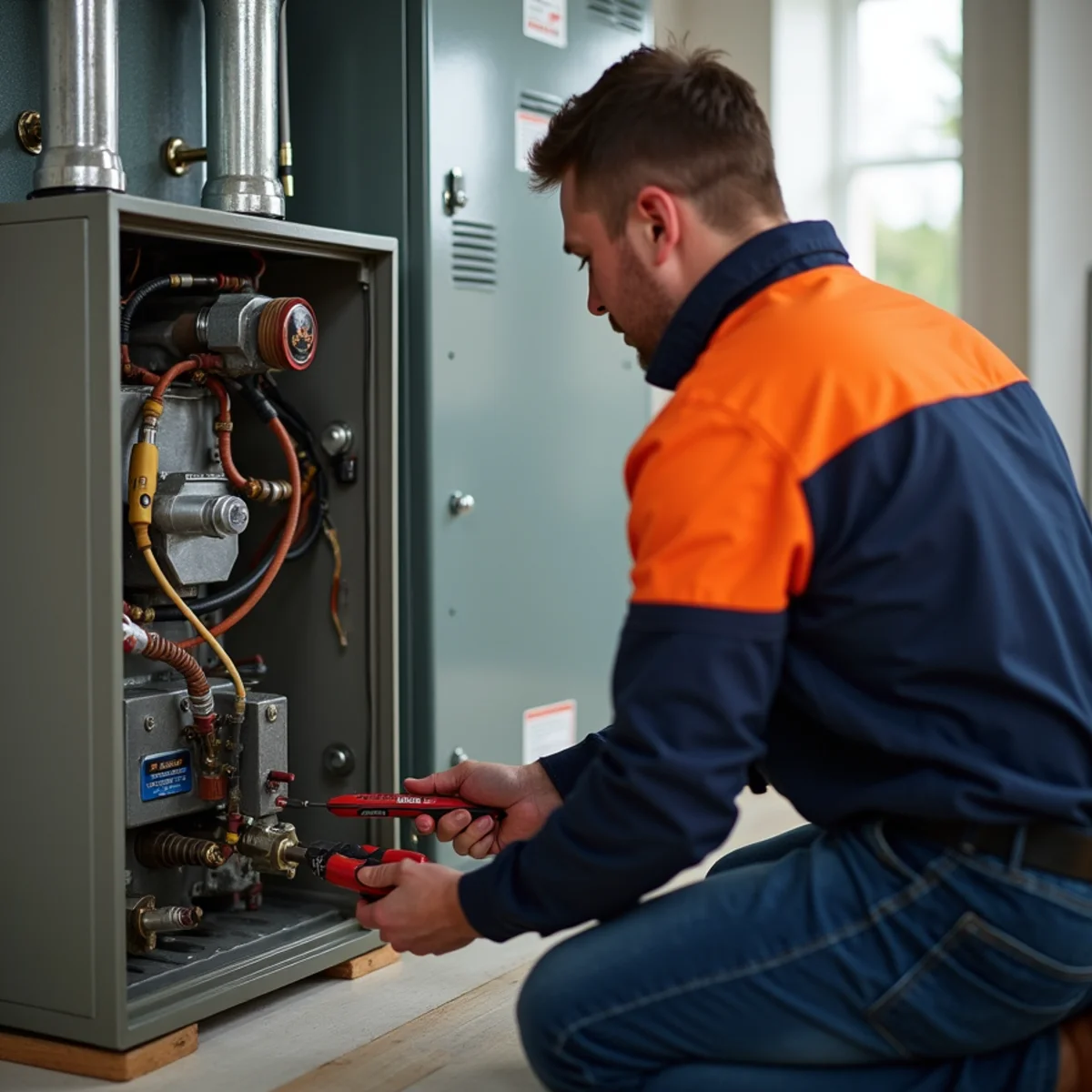 HVAC technician troubleshooting residential gas furnace burner assembly in Broomall PA
