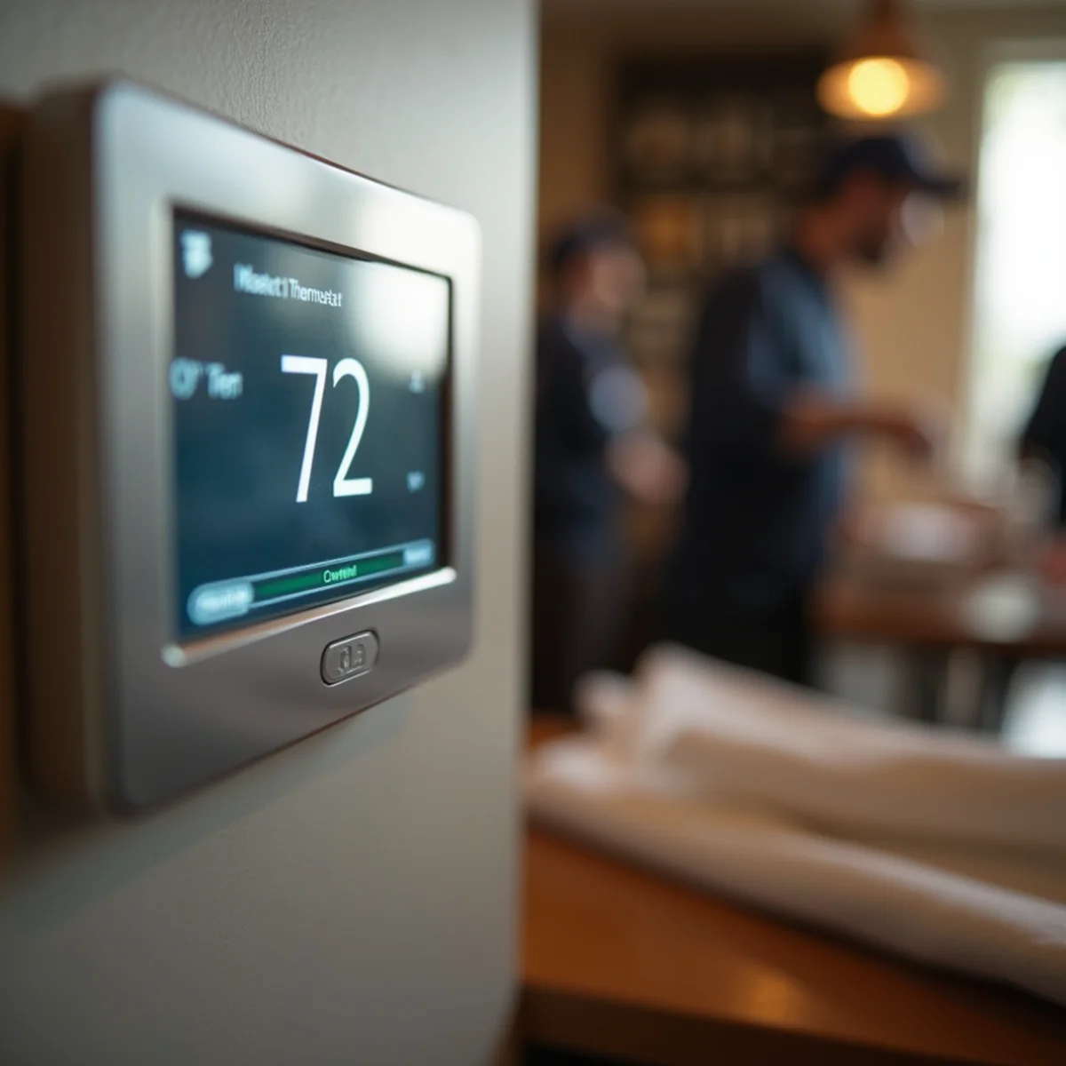 Digital wall thermostat display showing heat mode and setpoint temperature