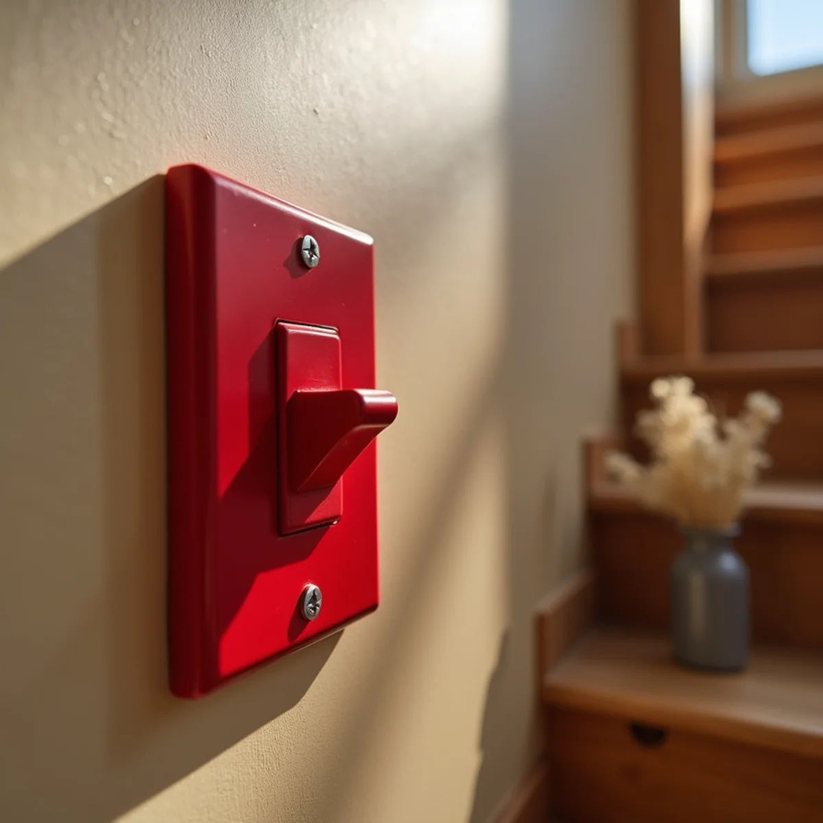 Red emergency furnace power shutoff switch on basement stairway wall