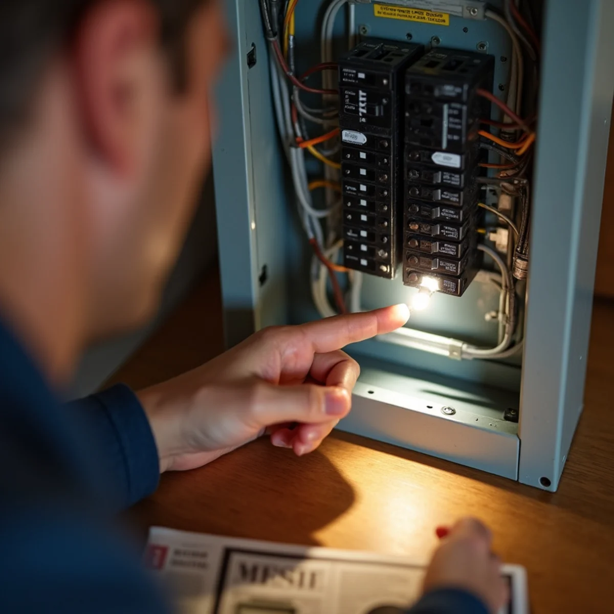 Homeowner inspecting dedicated heating circuit breaker in electrical panel