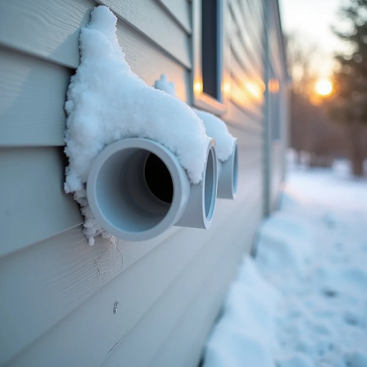 Exterior white PVC exhaust and fresh air intake pipes clear of ice and snow