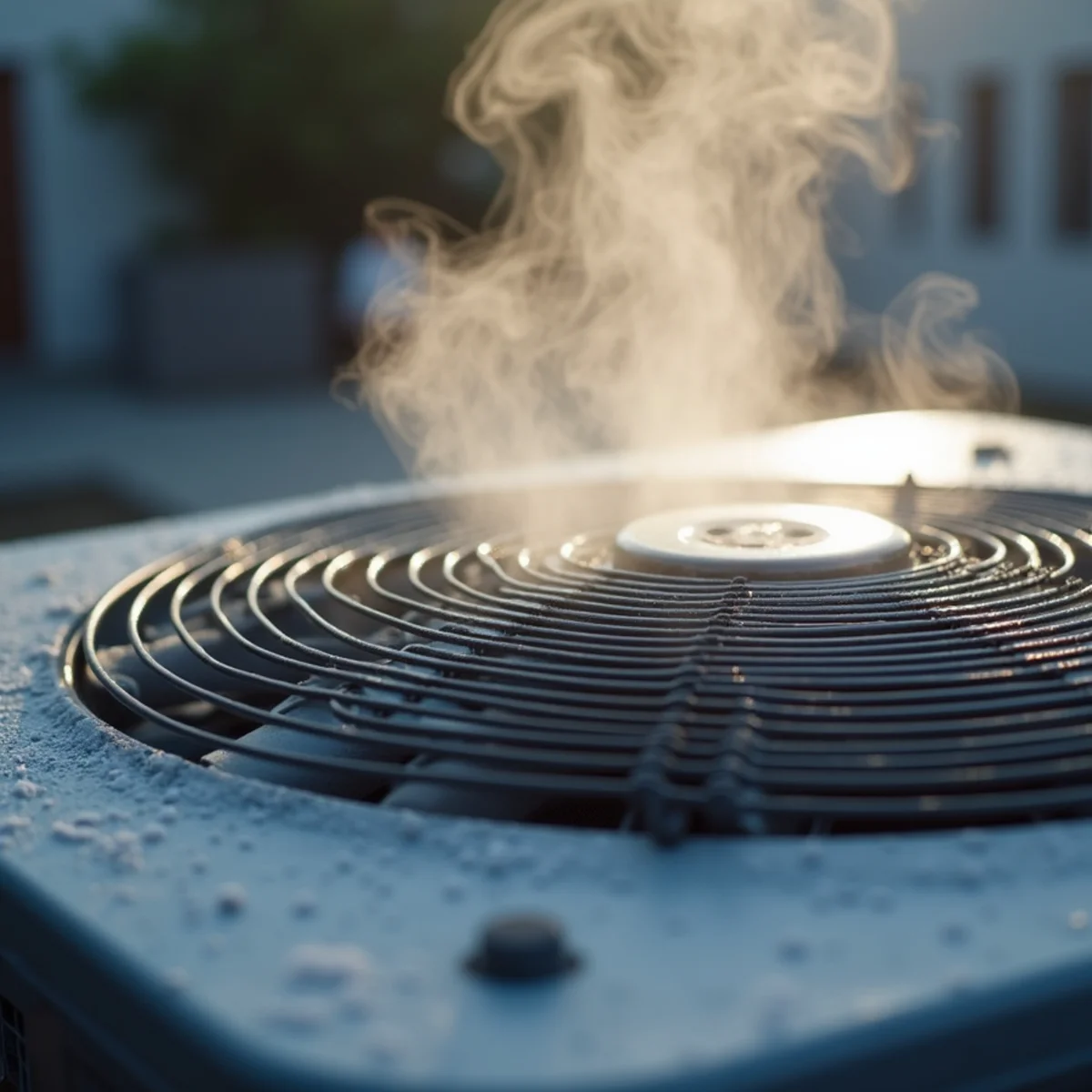 Outdoor heat pump condenser unit steaming normally during automated winter defrost cycle