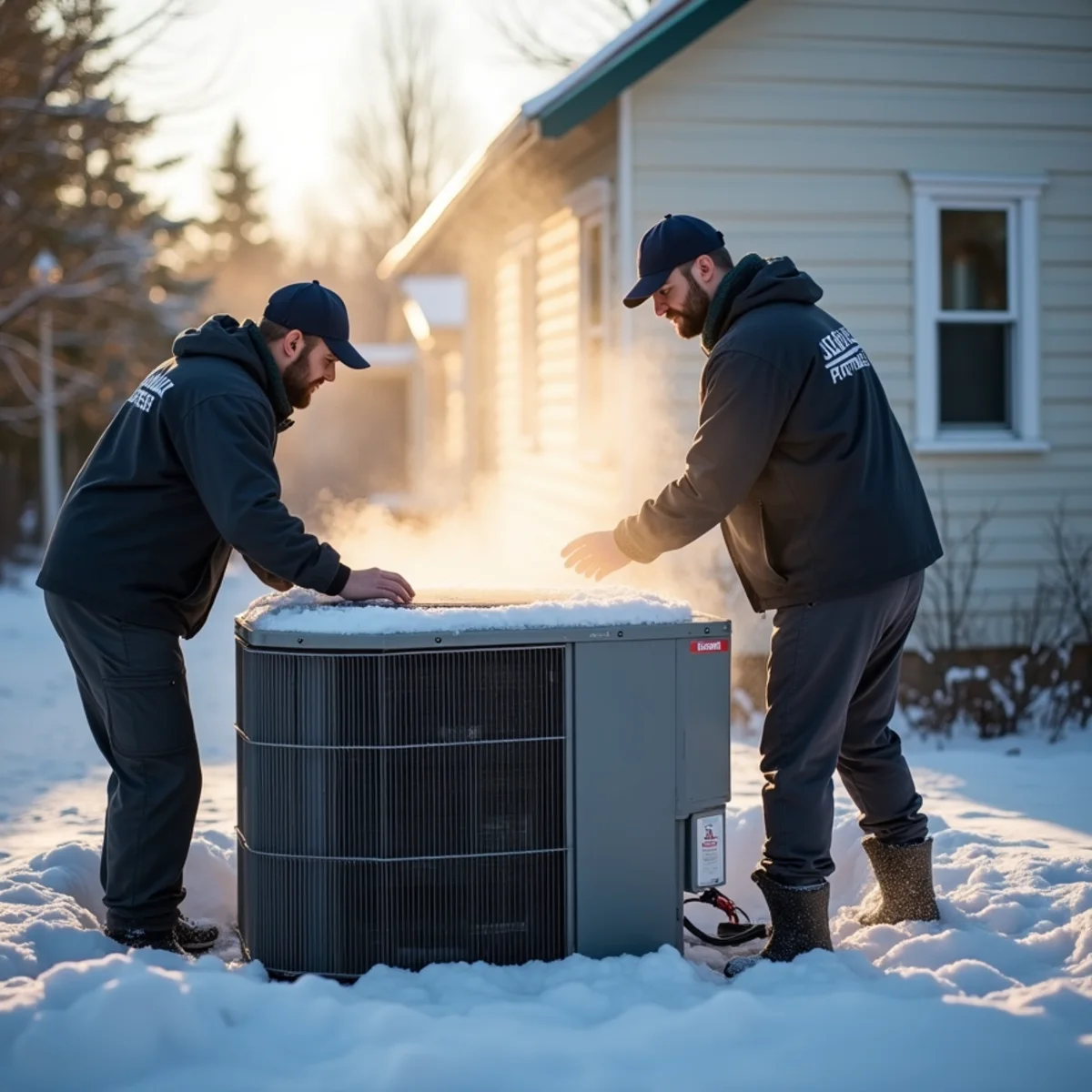 Outdoor heat pump unit in winter with light frost on coil