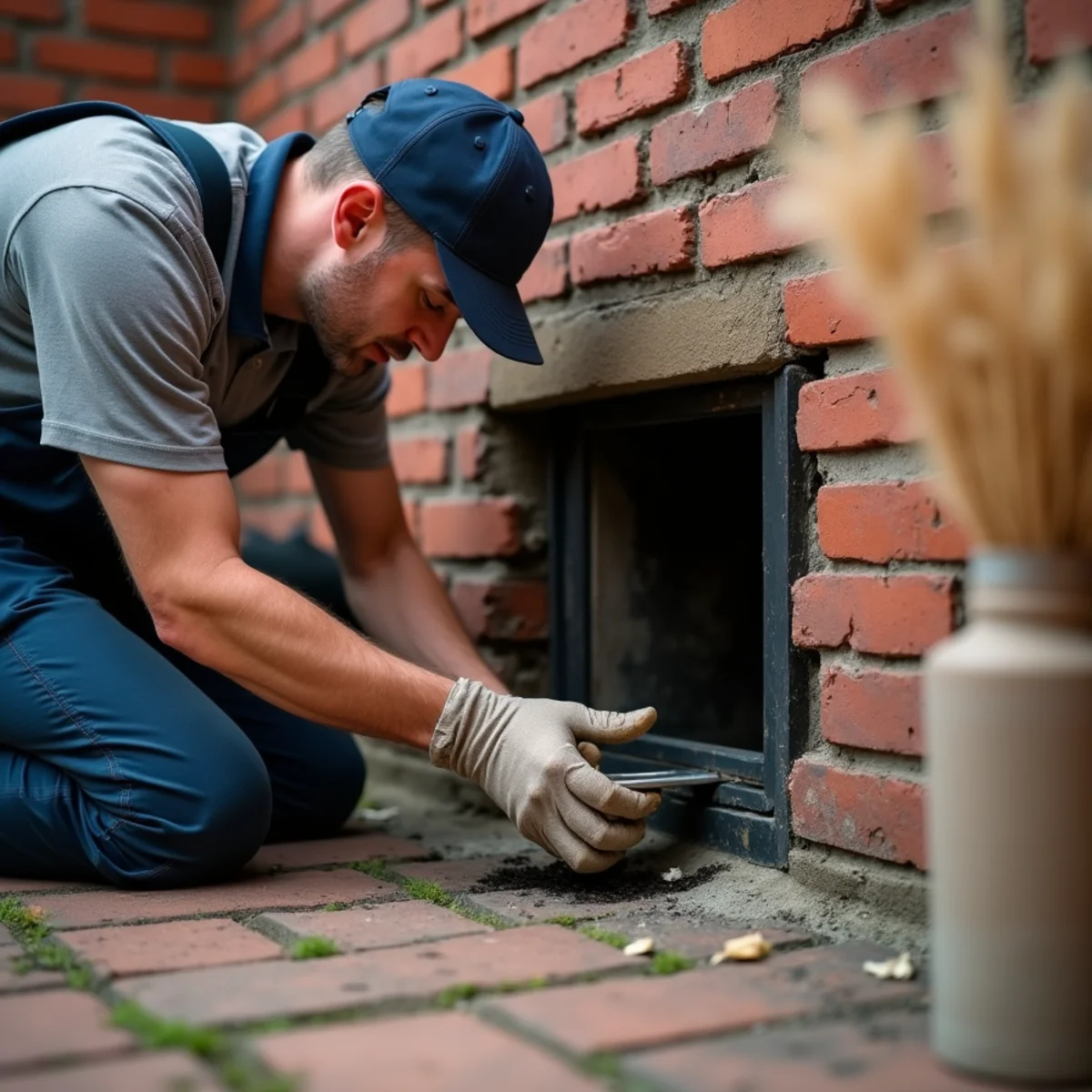 Inspecting basement masonry chimney cleanout door for fallen terracotta debris