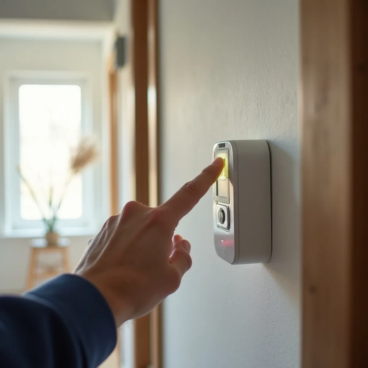 Testing digital carbon monoxide detector alarm on residential wall