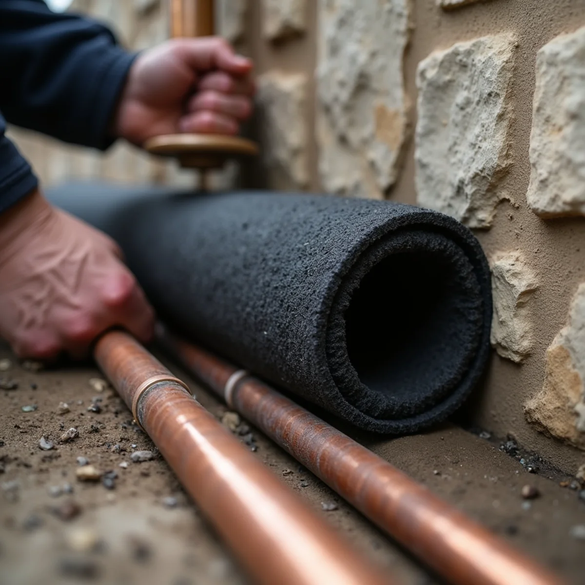 Black foam insulation tubing installed over exposed copper basement plumbing pipes