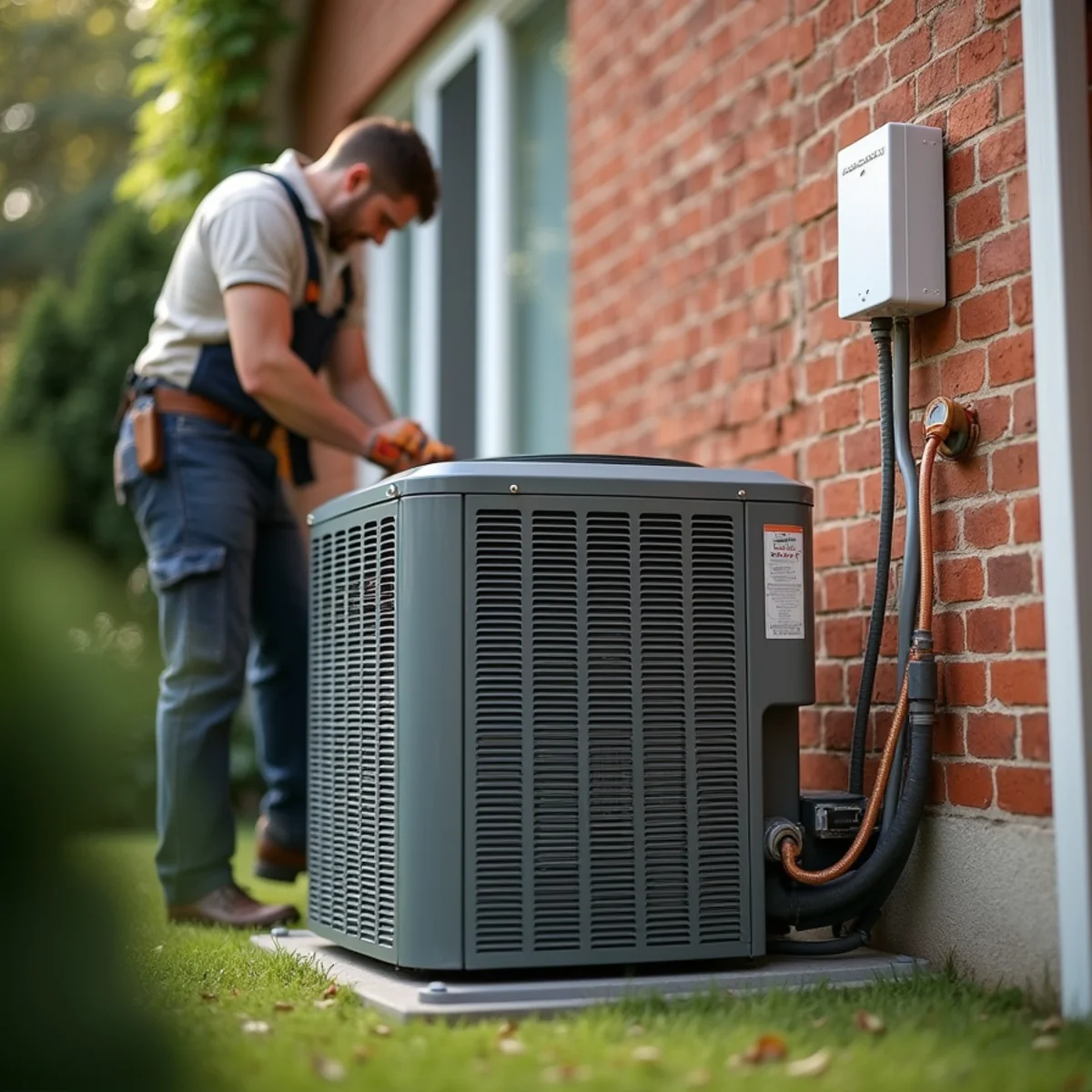 Brand new high-efficiency outdoor air conditioner condenser installed on composite pad