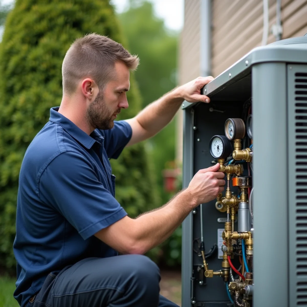 HVAC technician checking refrigerant gauges on older central AC unit