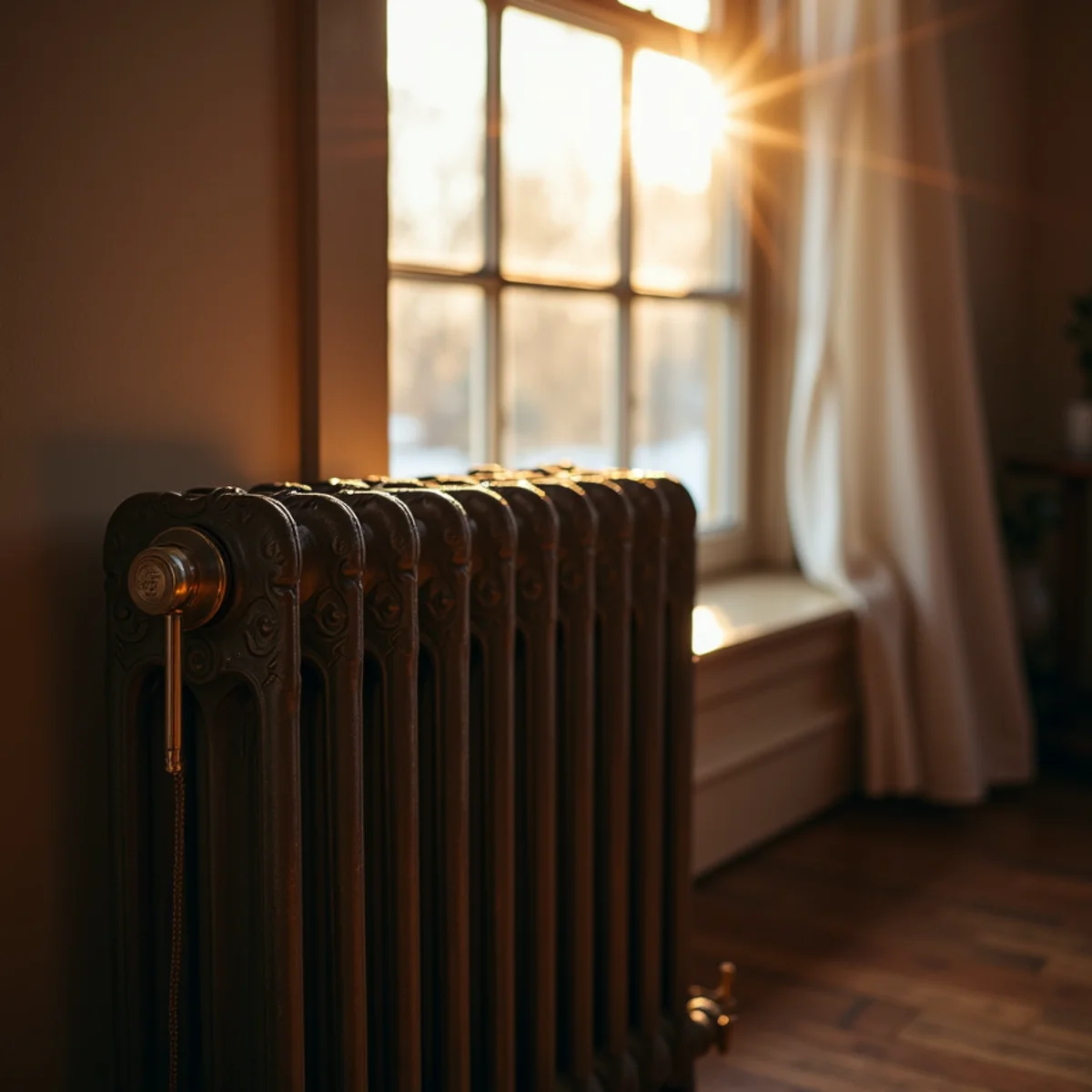 Vintage cast-iron home radiator beside historic window in Pennsylvania colonial